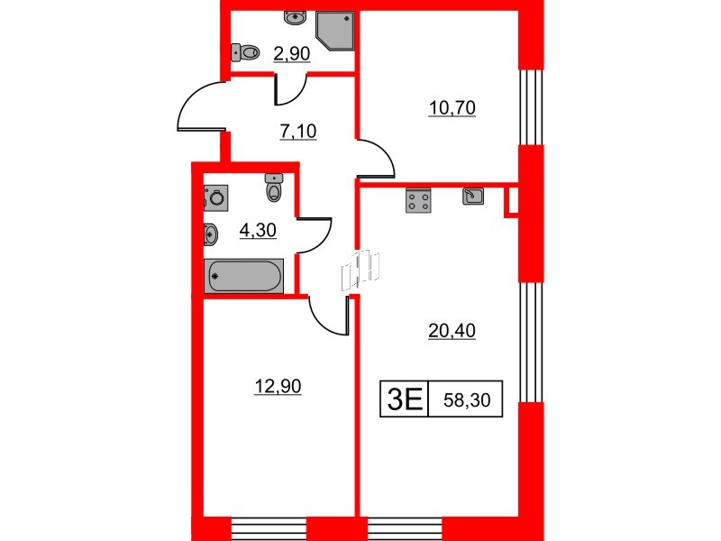 Квартира в ЖК Шкиперский, 19, 2 комнатная, 58.3 м², 4 этаж