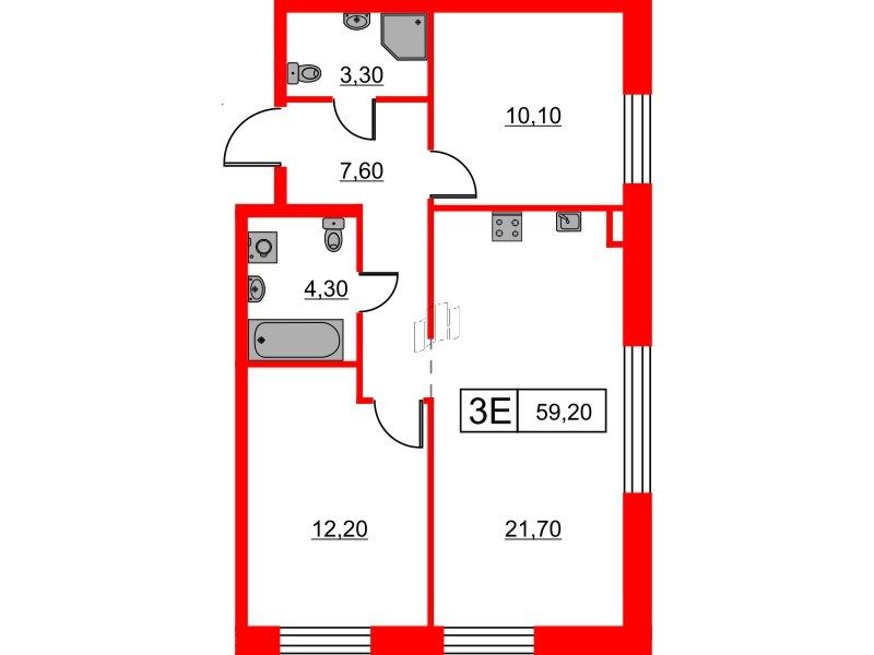 Квартира в ЖК Шкиперский, 19, 2 комнатная, 59.2 м², 5 этаж