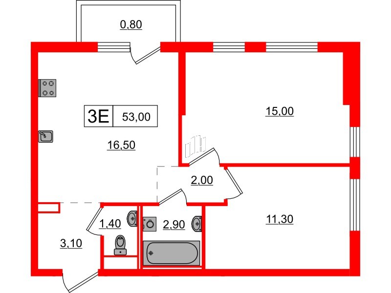 Квартира в ЖК Заречный парк, 2 комнатная, 53 м², 15 этаж