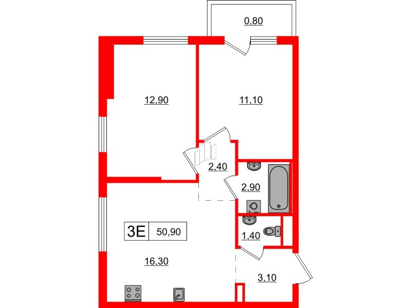 Квартира в ЖК Заречный парк, 2 комнатная, 50.9 м², 19 этаж