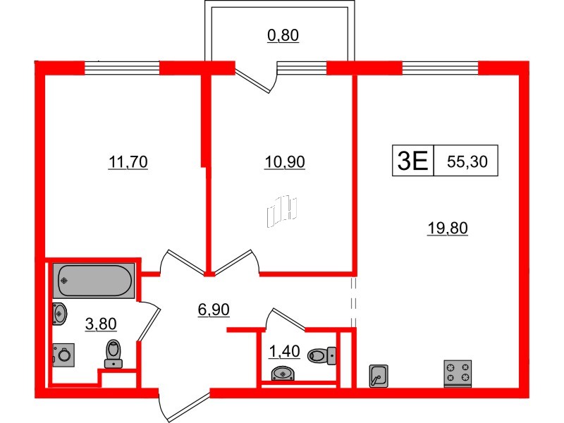 Квартира в ЖК Заречный парк, 2 комнатная, 55.3 м², 23 этаж