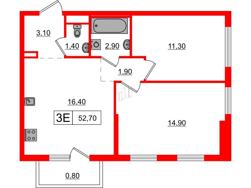 Квартира в ЖК Заречный парк, 2 комнатная, 52.7 м², 11 этаж
