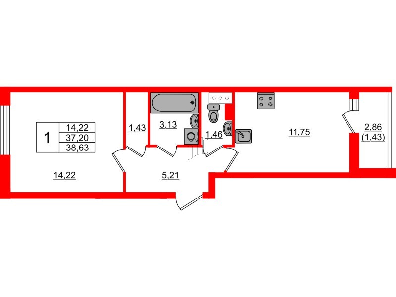 Квартира в ЖК Кинопарк, 1 комнатная, 38.63 м², 7 этаж