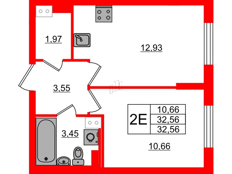 Квартира в ЖК Кинопарк, 1 комнатная, 32.56 м², 2 этаж