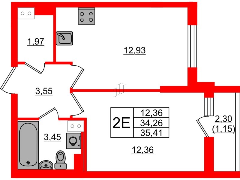 Квартира в ЖК Кинопарк, 1 комнатная, 35.41 м², 3 этаж