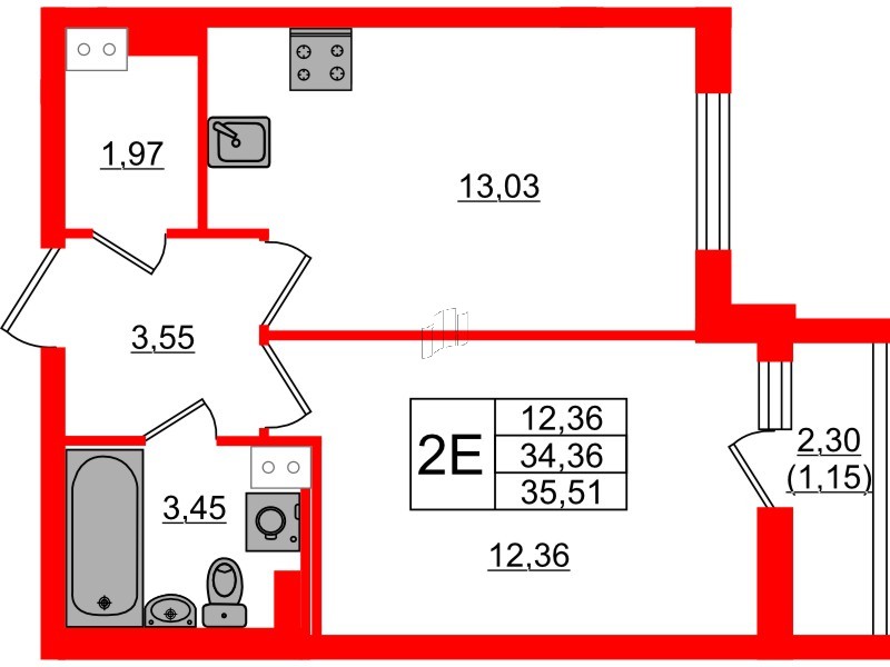 Квартира в ЖК Кинопарк, 1 комнатная, 35.51 м², 9 этаж
