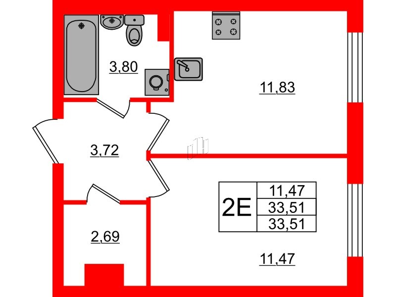 Квартира в ЖК Кинопарк, 1 комнатная, 33.51 м², 1 этаж