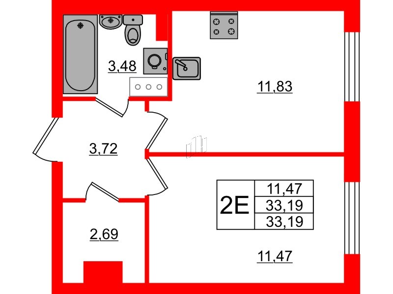 Квартира в ЖК Кинопарк, 1 комнатная, 33.19 м², 2 этаж