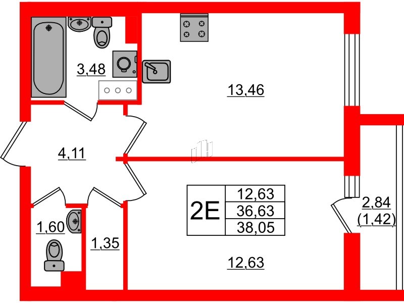 Квартира в ЖК Кинопарк, 1 комнатная, 38.05 м², 3 этаж