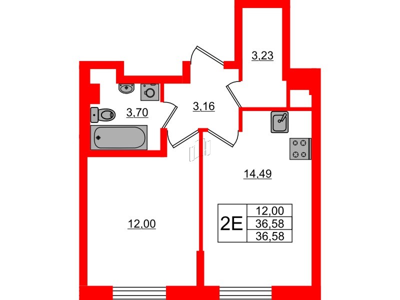 Квартира в ЖК Кинопарк, 1 комнатная, 36.58 м², 1 этаж