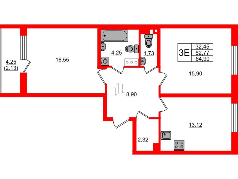 Квартира в ЖК Кинопарк, 2 комнатная, 64.9 м², 3 этаж