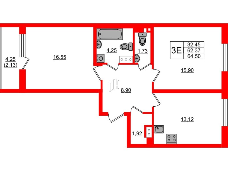 Квартира в ЖК Кинопарк, 2 комнатная, 64.5 м², 9 этаж
