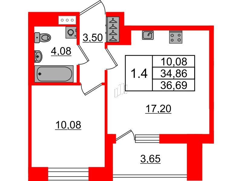 Квартира в ЖК «Бионика Заповедная», 1 комнатная, 34.86 м², 12 этаж