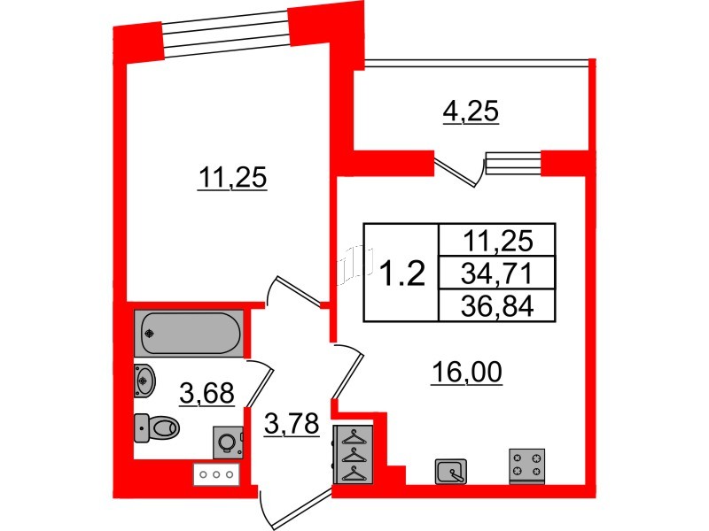 Квартира в ЖК «Бионика Заповедная», 1 комнатная, 34.71 м², 7 этаж