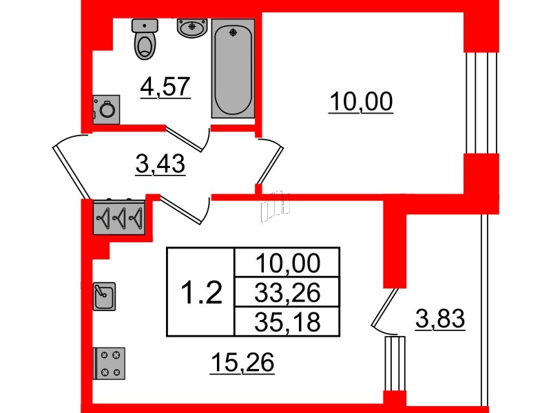 Квартира в ЖК «Бионика Заповедная», 1 комнатная, 33.26 м², 1 этаж
