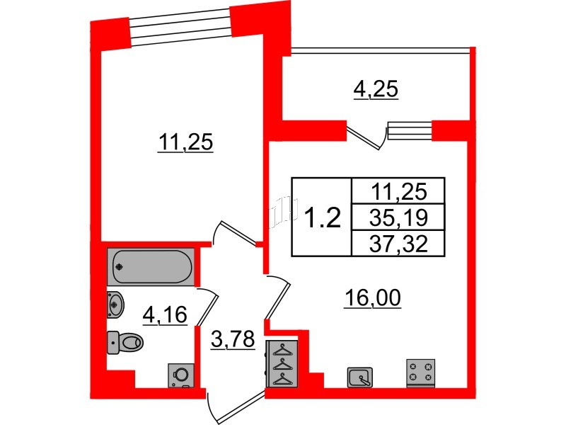 Квартира в ЖК «Бионика Заповедная», 1 комнатная, 35.19 м², 2 этаж