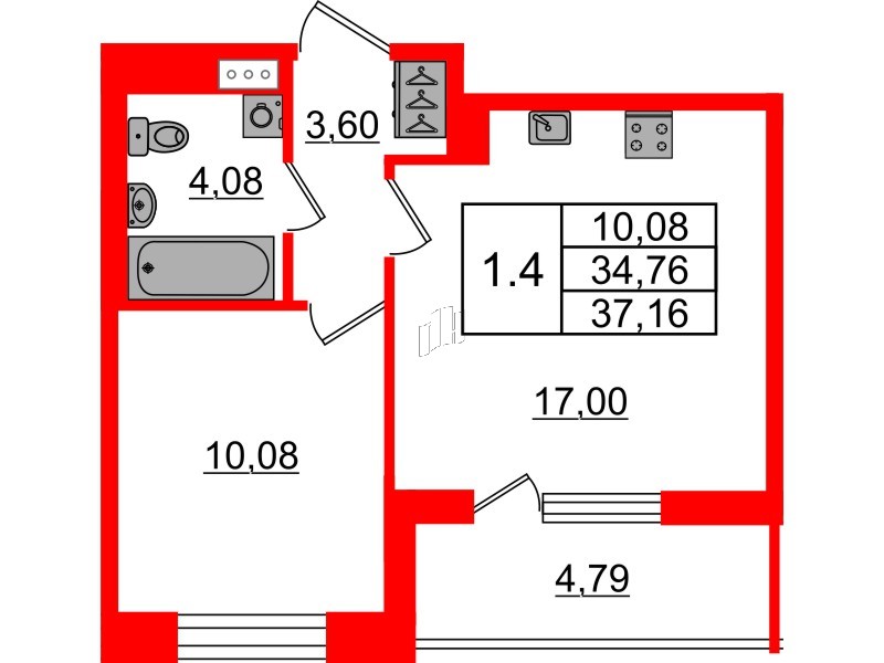 Квартира в ЖК «Бионика Заповедная», 1 комнатная, 34.76 м², 3 этаж