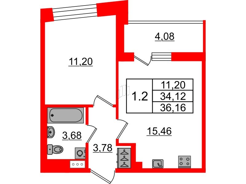 Квартира в ЖК «Бионика Заповедная», 1 комнатная, 34.12 м², 12 этаж