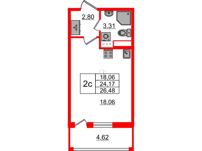 Квартира в ЖК «Бионика Заповедная», студия, 24.17 м², 12 этаж