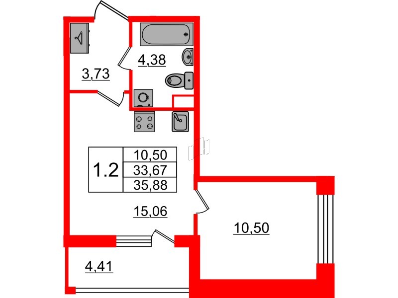 Квартира в ЖК «Бионика Заповедная», 1 комнатная, 33.67 м², 1 этаж