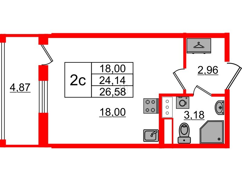Квартира в ЖК «Бионика Заповедная», студия, 24.14 м², 3 этаж