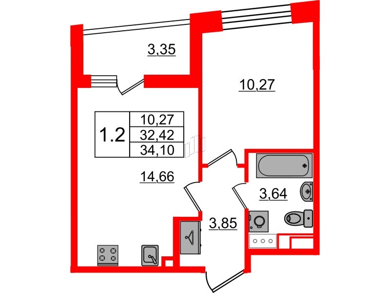 Квартира в ЖК «Бионика Заповедная», 1 комнатная, 32.42 м², 12 этаж