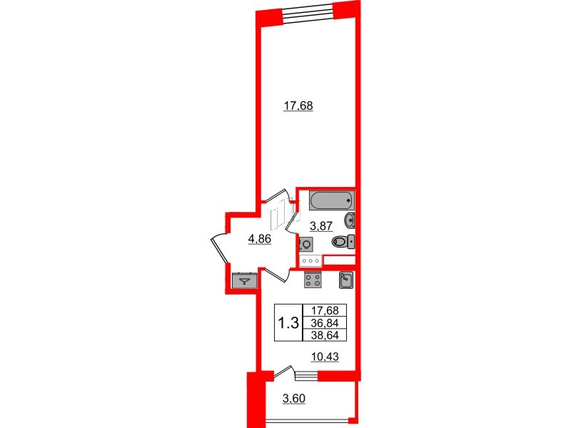 Квартира в ЖК «Бионика Заповедная», 1 комнатная, 36.84 м², 9 этаж
