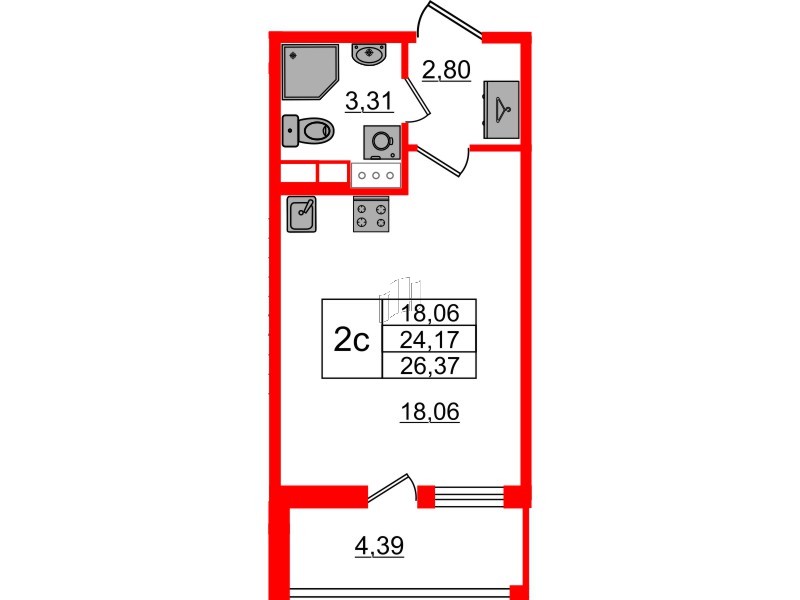 Квартира в ЖК «Бионика Заповедная», студия, 24.17 м², 9 этаж