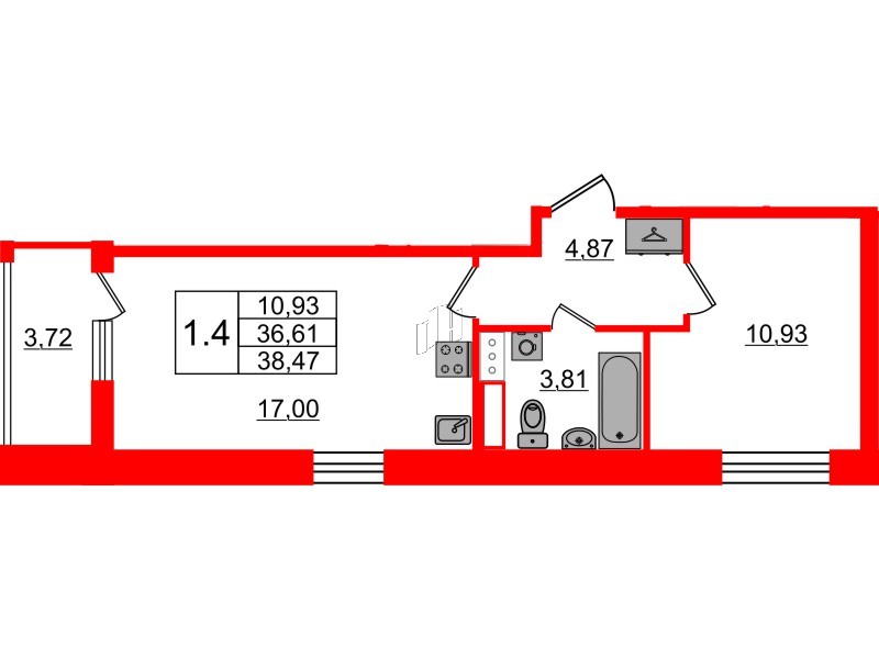Квартира в ЖК «Бионика Заповедная», 1 комнатная, 36.61 м², 8 этаж