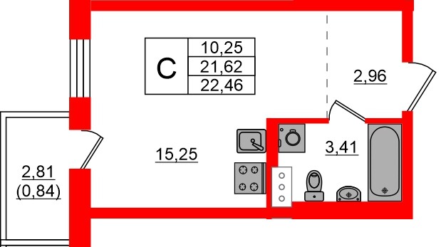 Планировка — Студия квартира, 22,5 м² в ЖК «Эко Гармония»