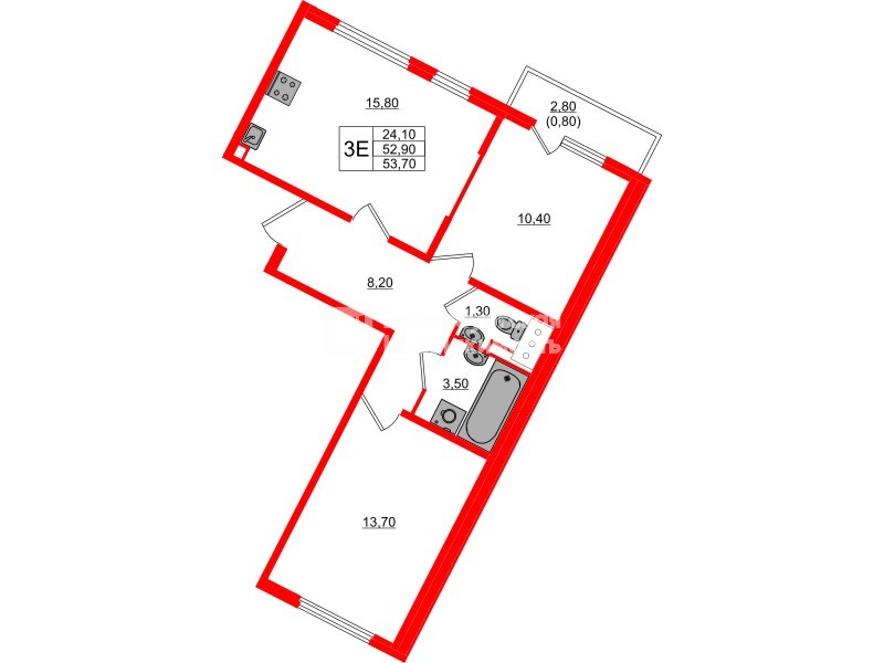 Квартира в ЖК «Ручьи–2», 2 комнатная, 53.7 м², 12 этаж