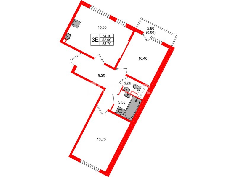 Квартира в ЖК «Ручьи–2», 2 комнатная, 53.7 м², 5 этаж