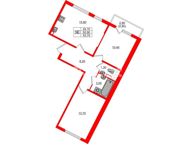 Квартира в ЖК «Ручьи–2», 2 комнатная, 53.7 м², 8 этаж
