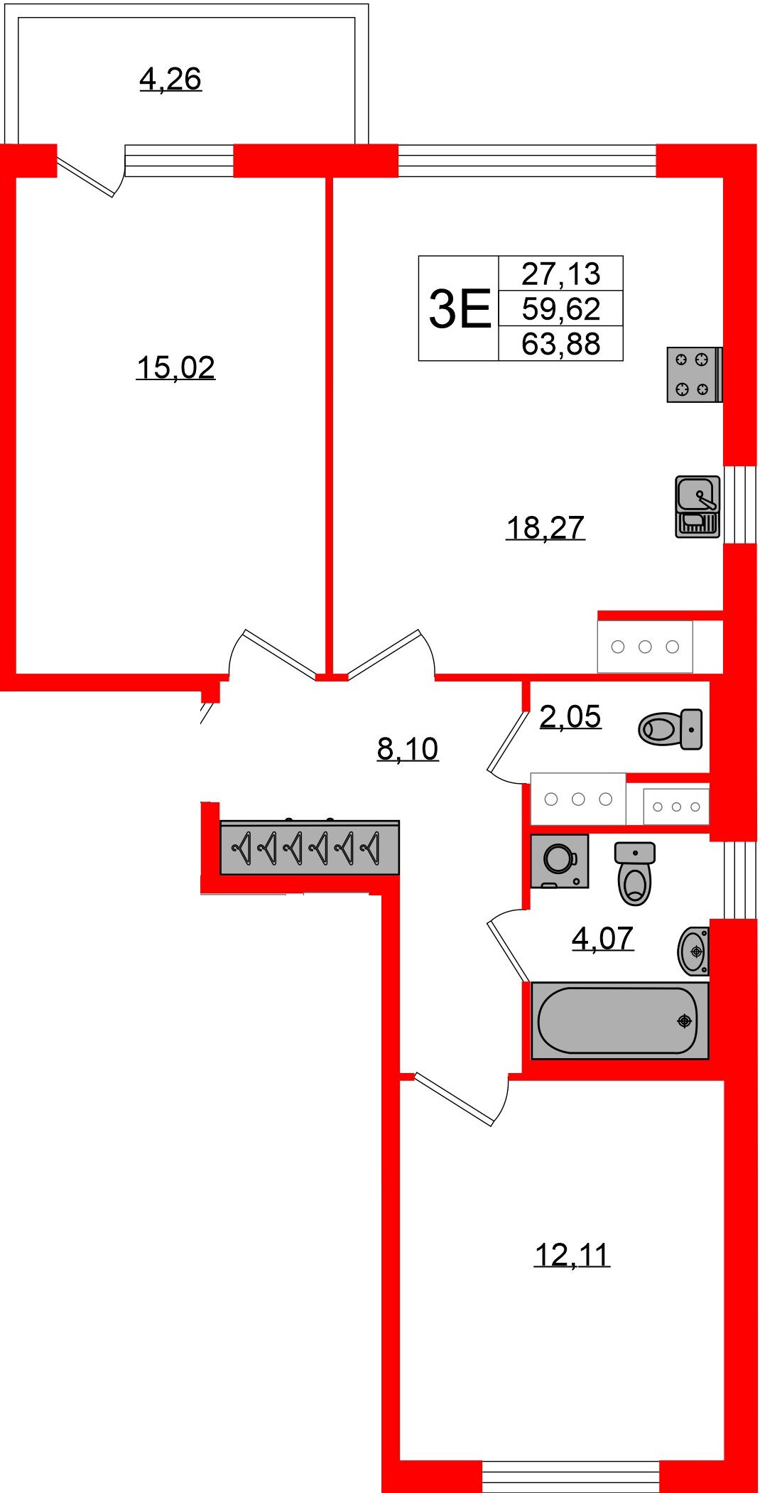 Квартира в ЖК ЯСНО.ЯНИНО, 2 комнатная, 59.62 м², 2 этаж