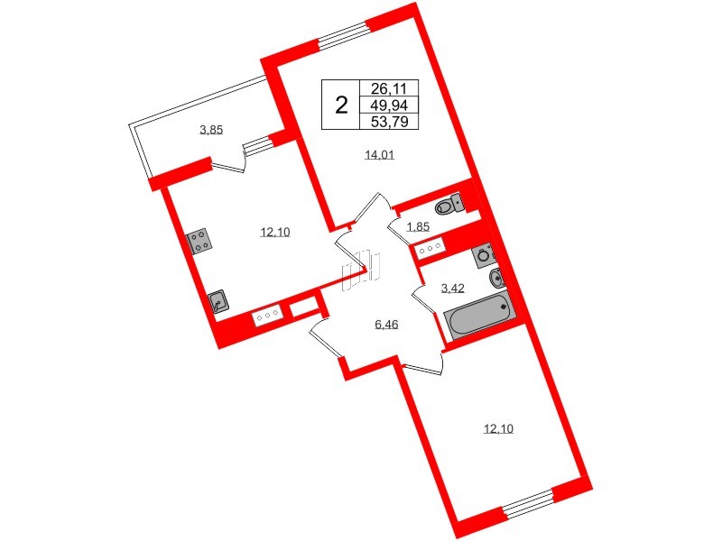 Квартира в ЖК ПАТИО. Уютный квартал., 2 комнатная, 49.94 м², 3 этаж