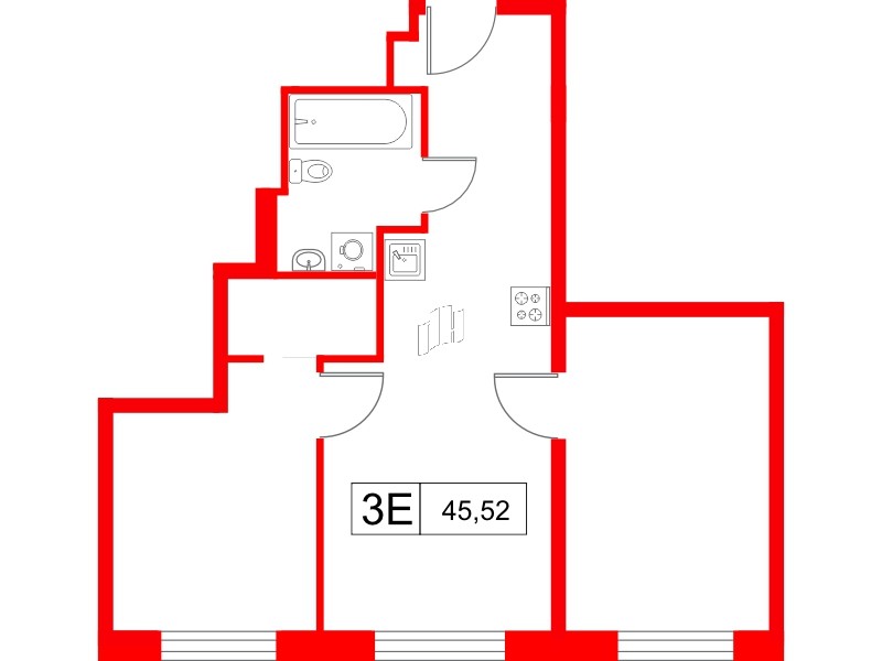 Апартаменты в ЖК «Апартаменты СААН», 2 комнатные, 45.52 м², 20 этаж