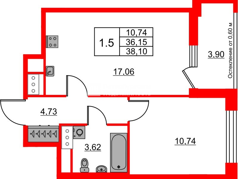 Квартира в ЖК «Город звёзд», 1 комнатная, 36.15 м², 12 этаж