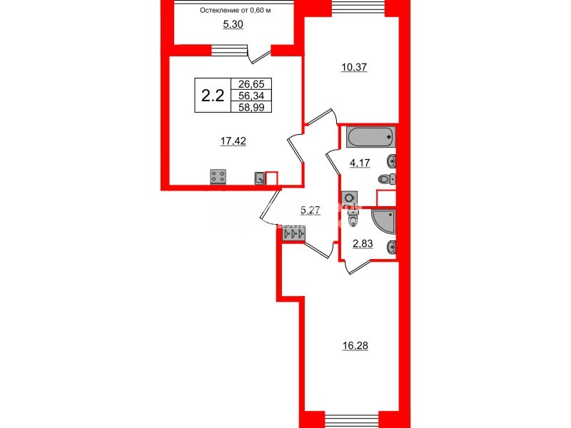 Квартира в ЖК «Город звёзд», 2 комнатная, 56.34 м², 1 этаж