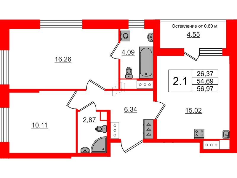 Квартира в ЖК «Город звёзд», 2 комнатная, 54.69 м², 16 этаж