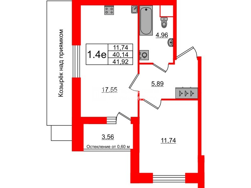 Квартира в ЖК «Город звёзд», 1 комнатная, 40.14 м², 1 этаж