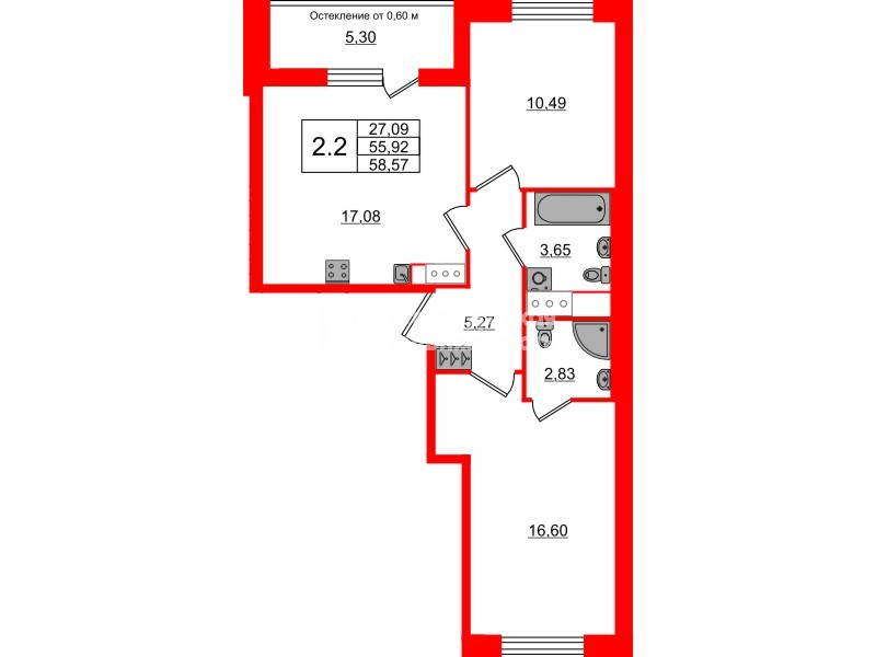 Квартира в ЖК «Город звёзд», 2 комнатная, 55.92 м², 2 этаж