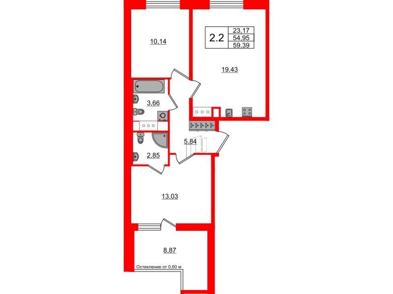 Квартира в ЖК «Город звёзд», 2 комнатная, 54.95 м², 20 этаж