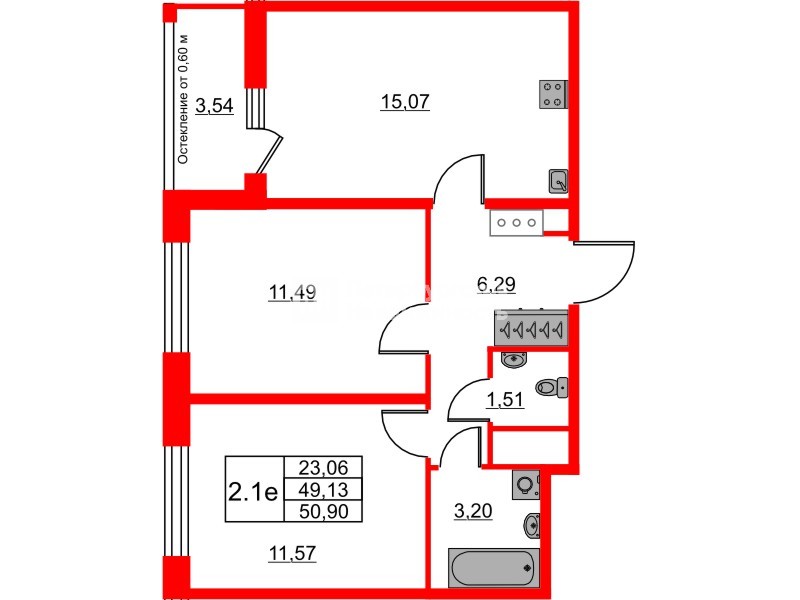 Квартира в ЖК «Город звёзд», 2 комнатная, 49.13 м², 21 этаж