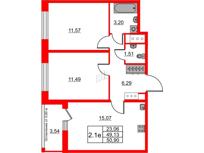 Квартира в ЖК «Город звёзд», 2 комнатная, 49.13 м², 19 этаж