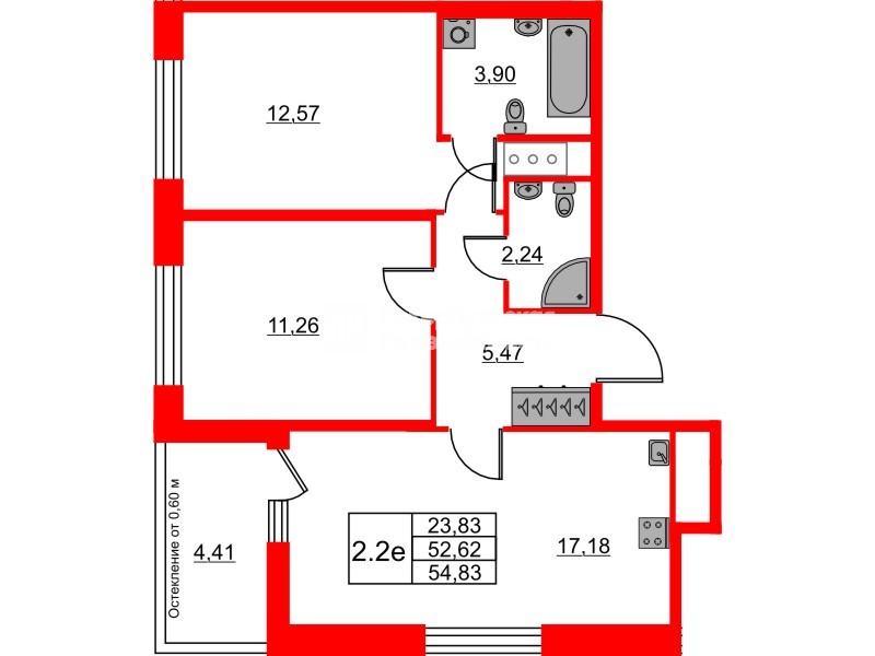 Квартира в ЖК «Город звёзд», 2 комнатная, 52.62 м², 14 этаж