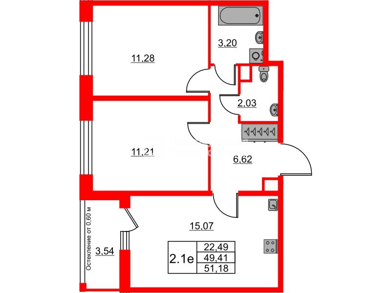 Квартира в ЖК «Город звёзд», 2 комнатная, 49.41 м², 1 этаж