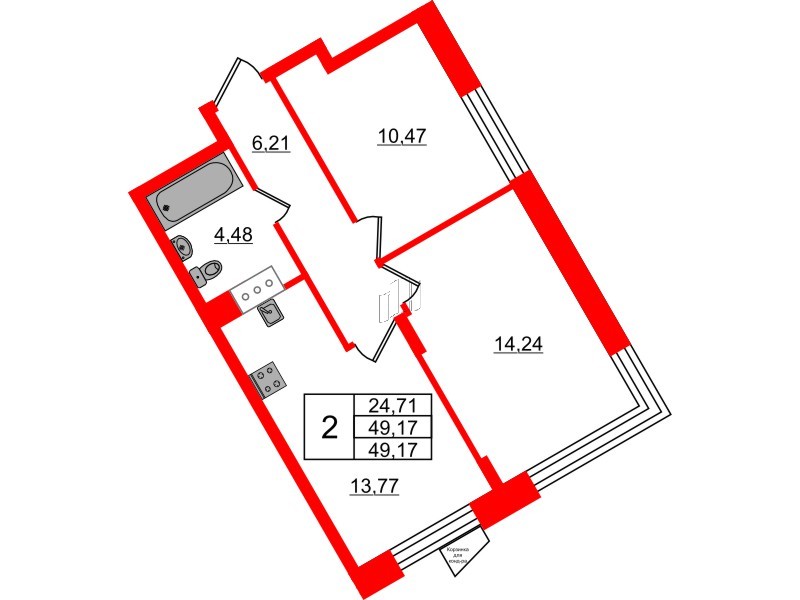 Квартира в ЖК VEREN NORT Сертолово, 2 комнатная, 49.17 м², 3 этаж