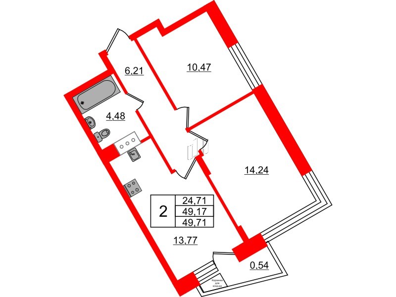 Квартира в ЖК VEREN NORT Сертолово, 2 комнатная, 49.71 м², 5 этаж