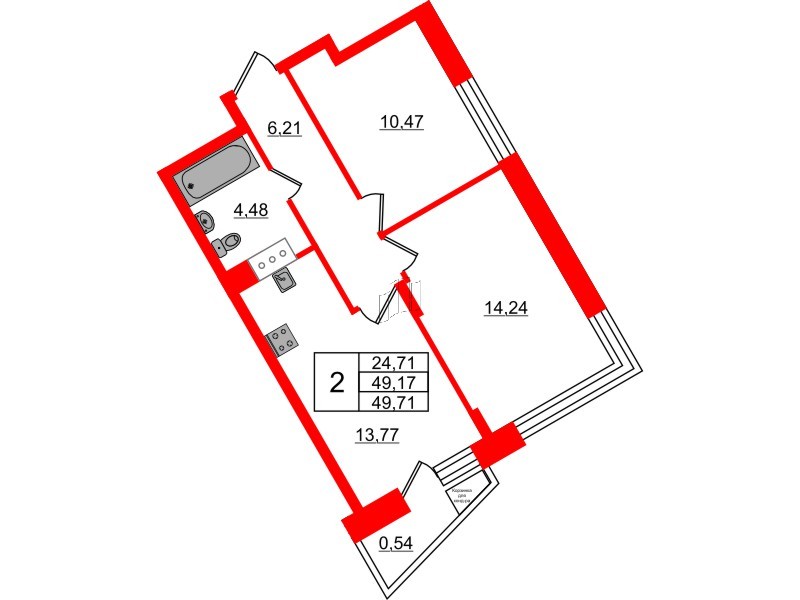 Квартира в ЖК VEREN NORT Сертолово, 2 комнатная, 49.71 м², 6 этаж