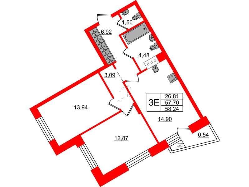 Квартира в ЖК VEREN NORT Сертолово, 2 комнатная, 58.24 м², 5 этаж